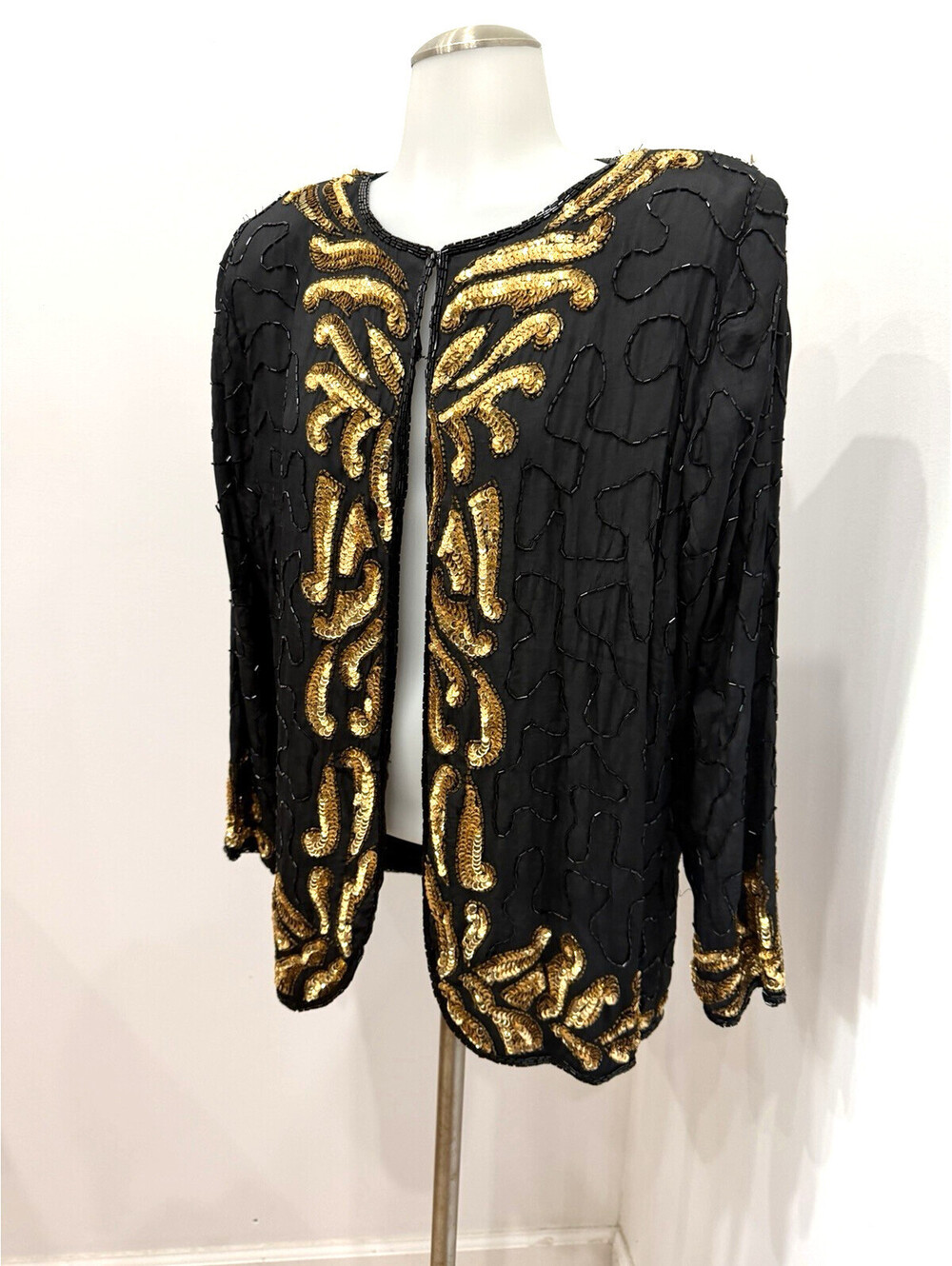 SND Vintage 80s Black & Gold Beaded Silk Party Formal Jacket size S Glamour